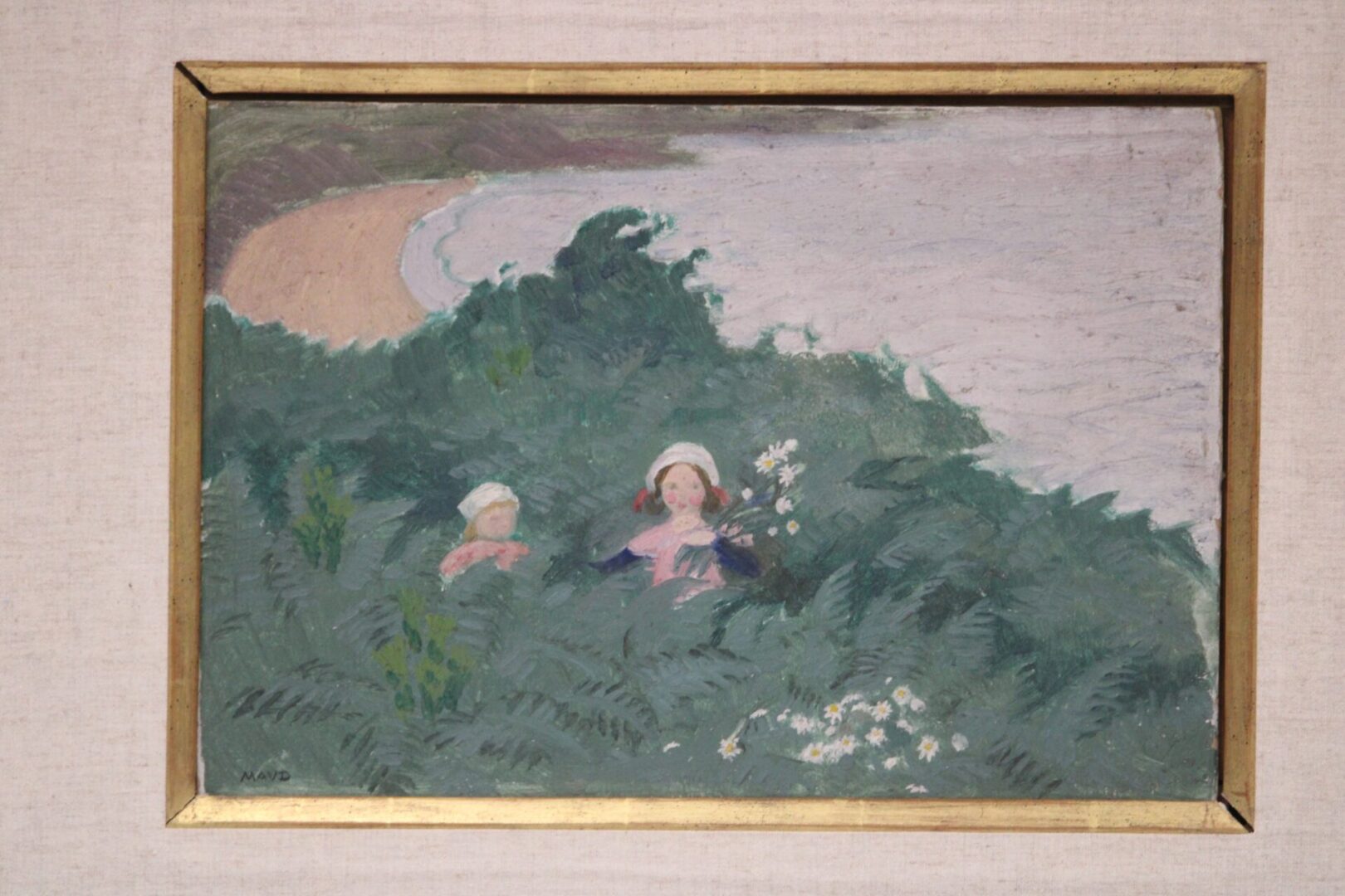 A painting of two women in the bushes